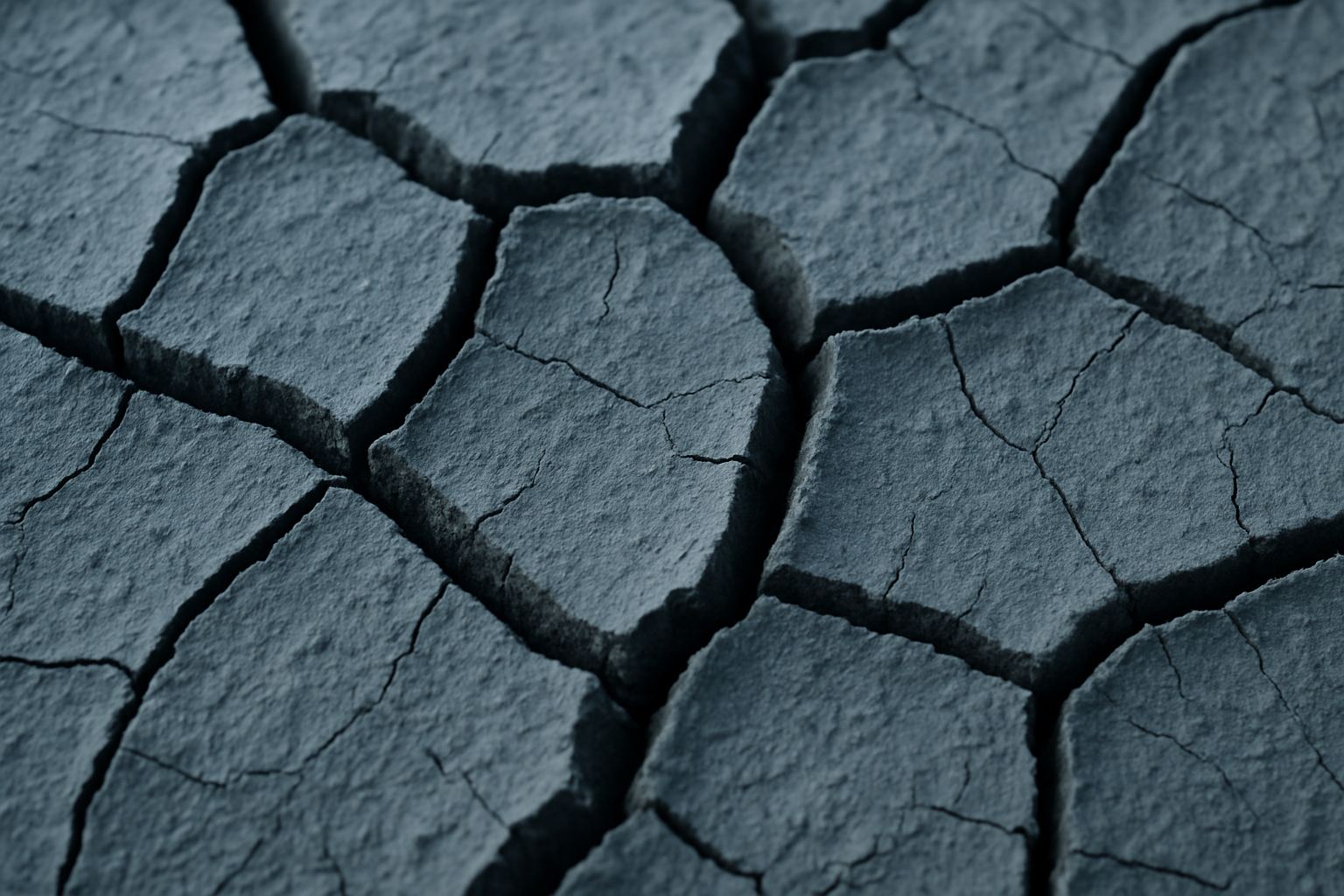 A cracked dry surface photographed close. A stiff sheet under tension fails along a line, not evenly.