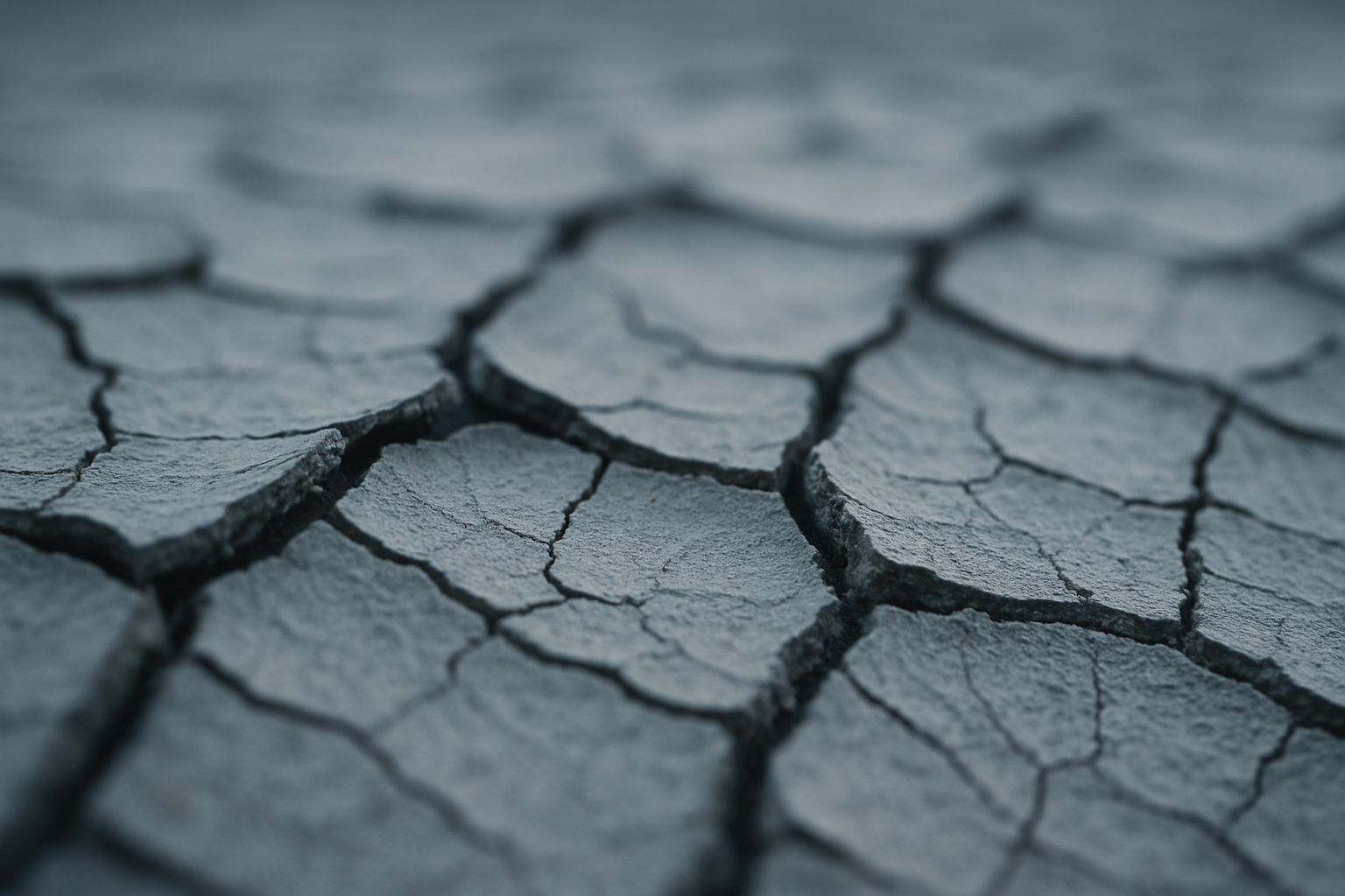 A cracked dry surface, photographed close. Structural failure in a material that has lost its flexibility.